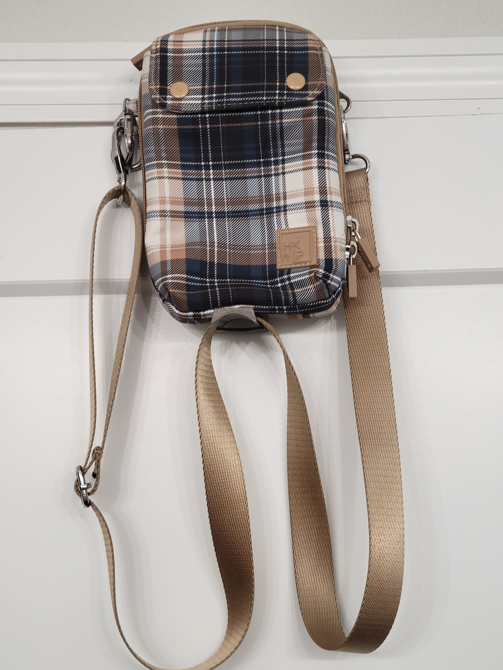 Ihkwip Plaid Crossbody Bag Beige and Blue With Adjustable Strap